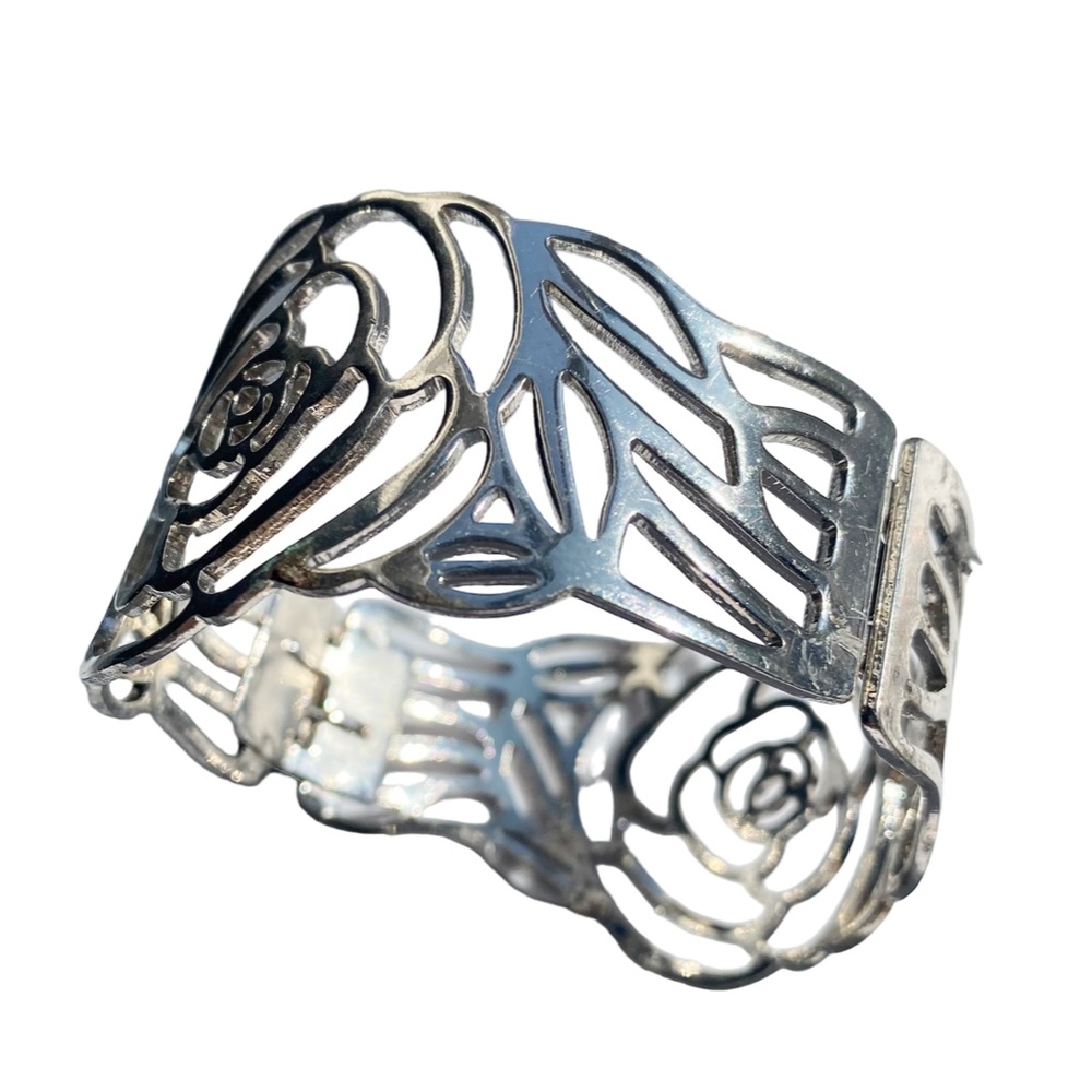 Rose Cutout Hinge Wide Bangle Statement Bracelet - image 3